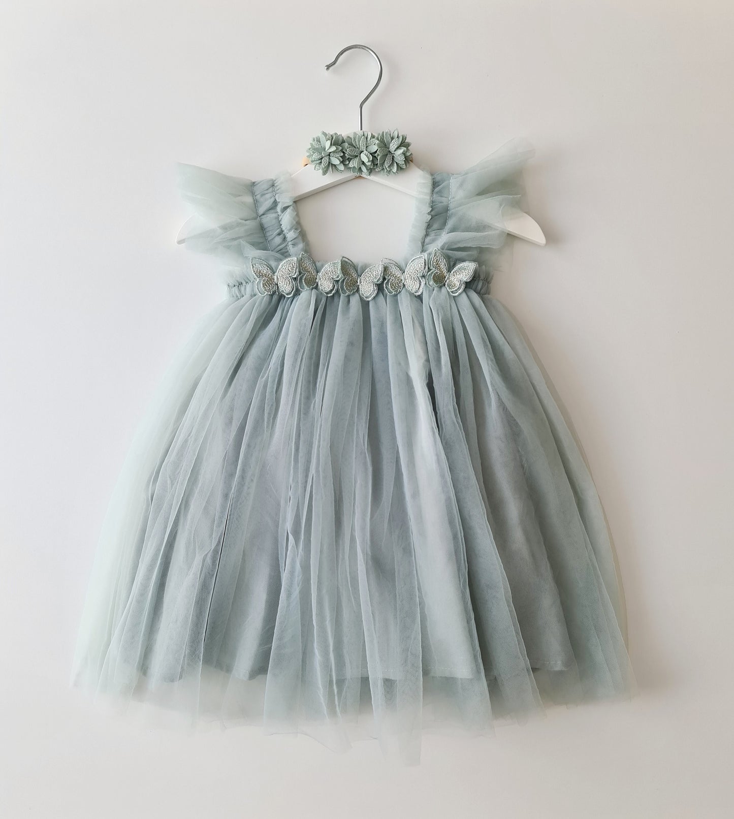 Butterfly Tulle Dress & Headband Sage Green