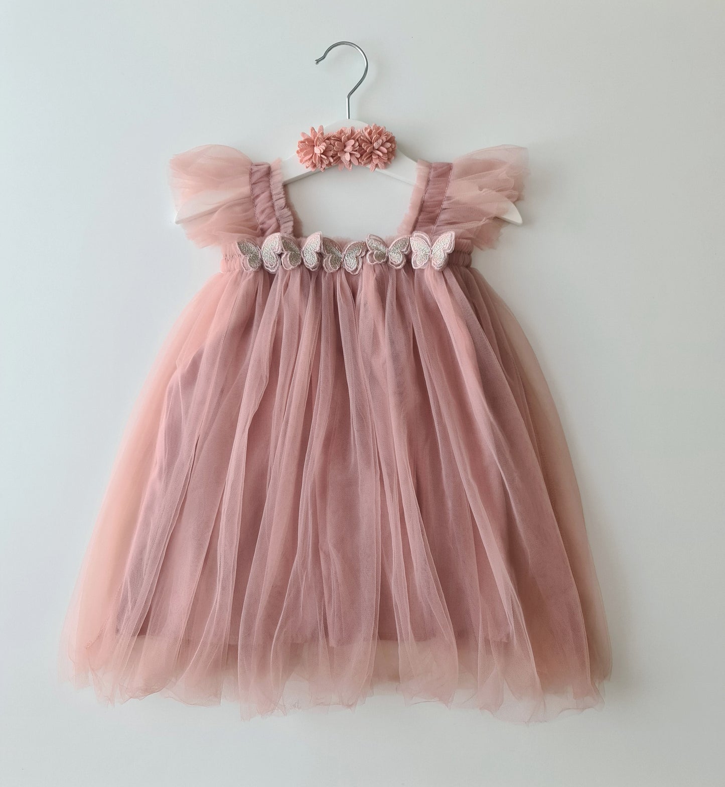 Butterfly Tulle Dress & Headband Powder Pink