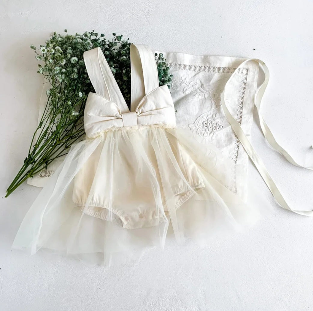 Cream Tulle Bow 1st Birthday Dress