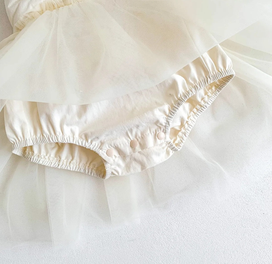 Cream Tulle Bow 1st Birthday Dress