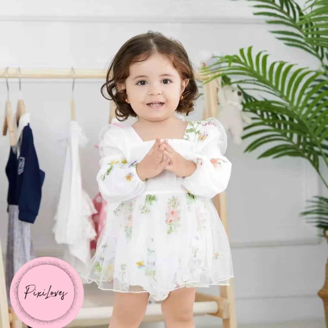 Floral Tulle Long Sleeve Dress White