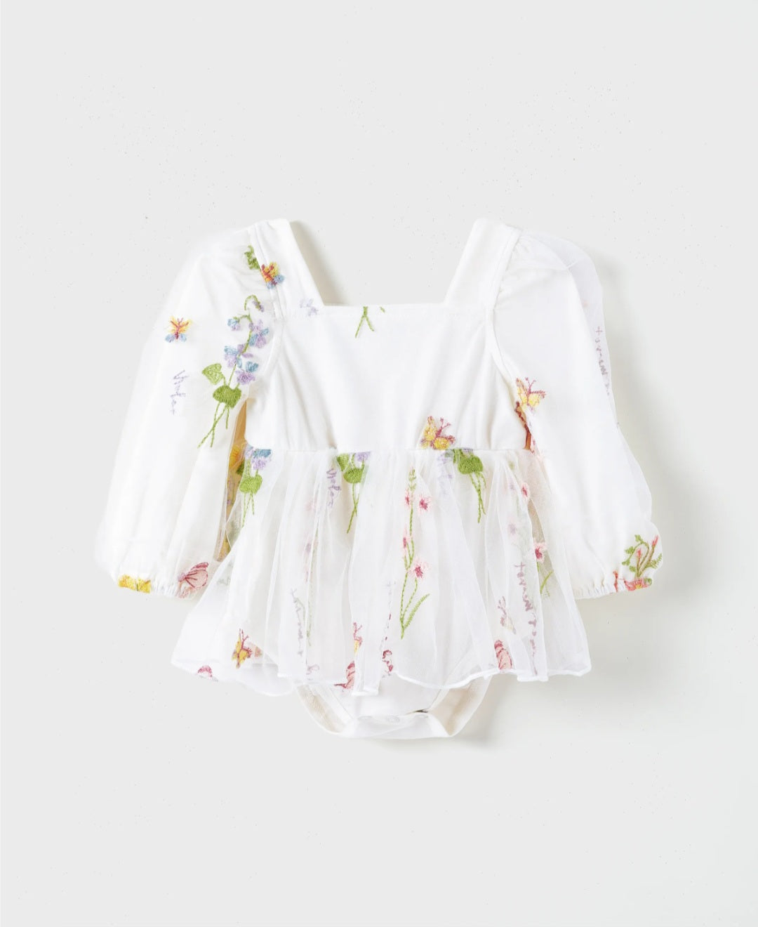 Floral Tulle Long Sleeve Dress White