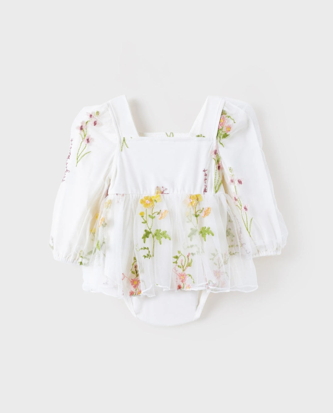 Floral Tulle Long Sleeve Dress White