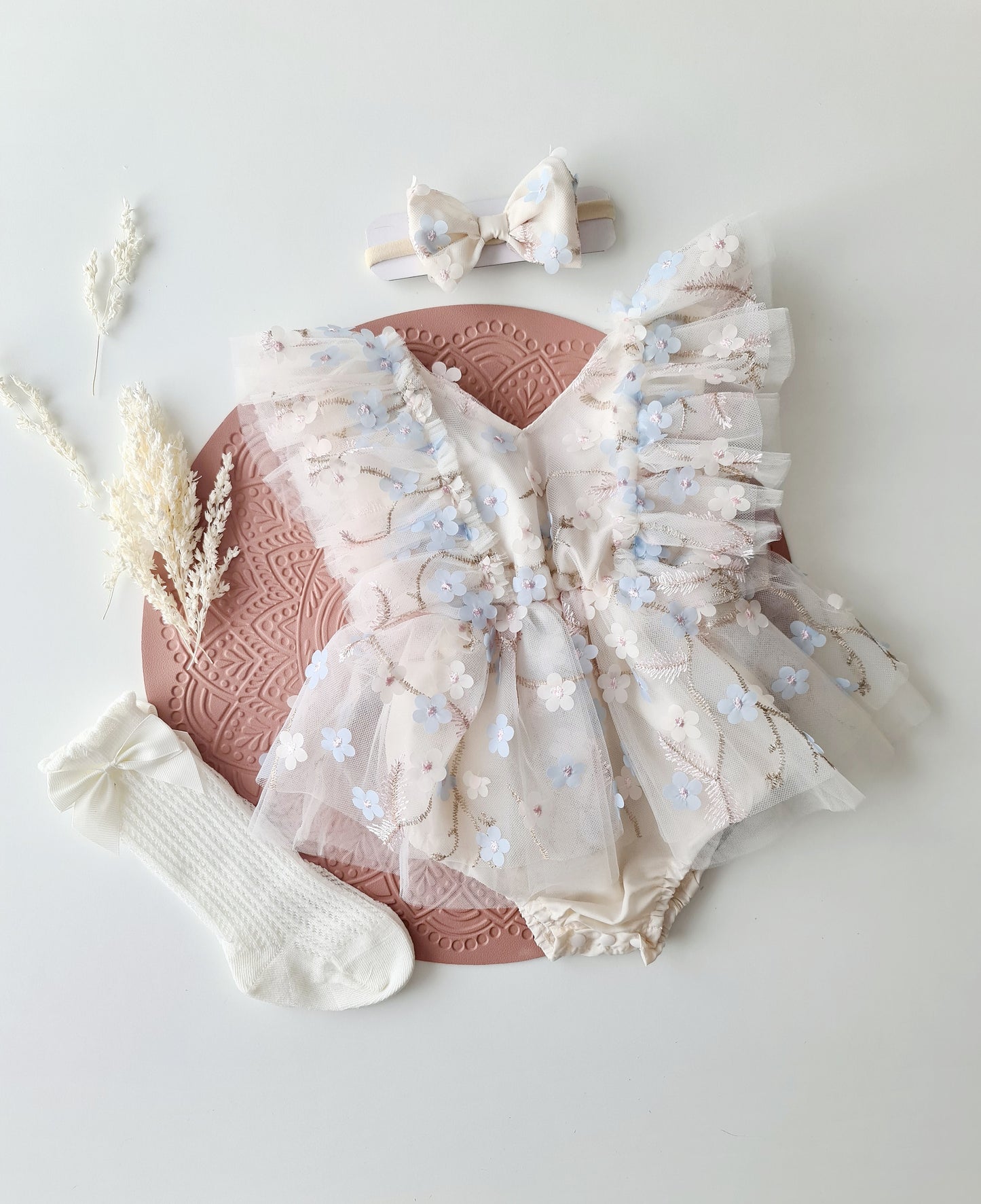 Floral Tulle 1st Birthday Dress Set Cream