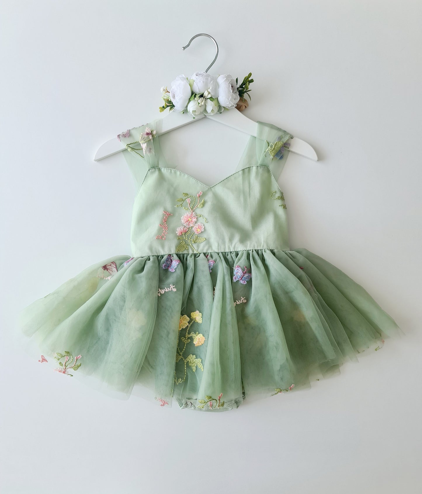 Enchanted Garden Romper Dress & Headband Sage