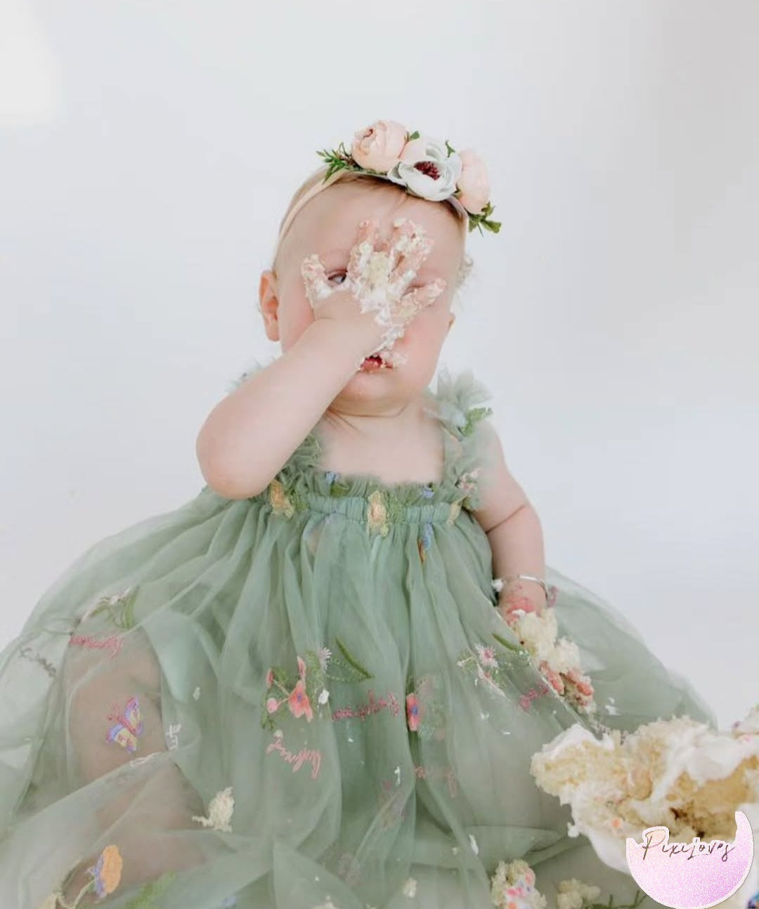Floral Tulle Dress & Headband Sage