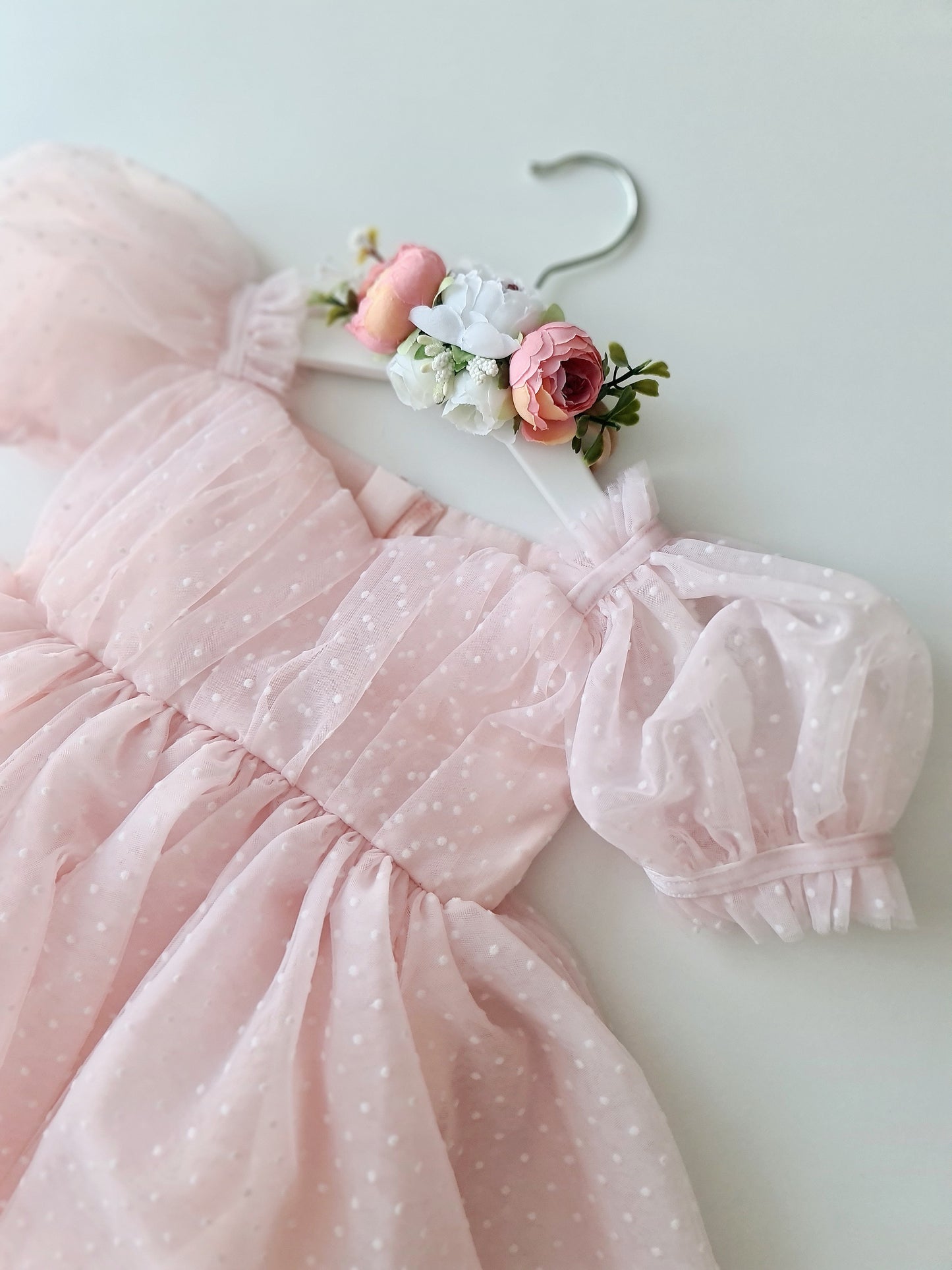 Polka Dot Tulle Dress & Headband Soft Pink
