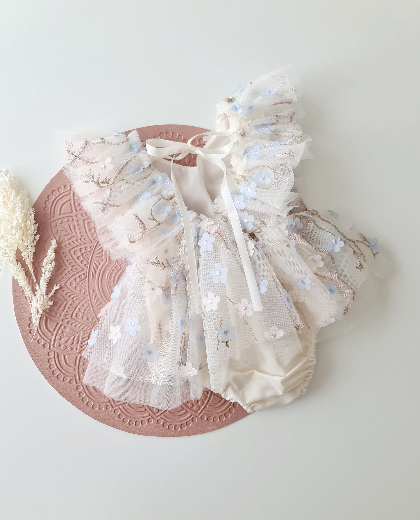 Floral Tulle 1st Birthday Dress Set Cream