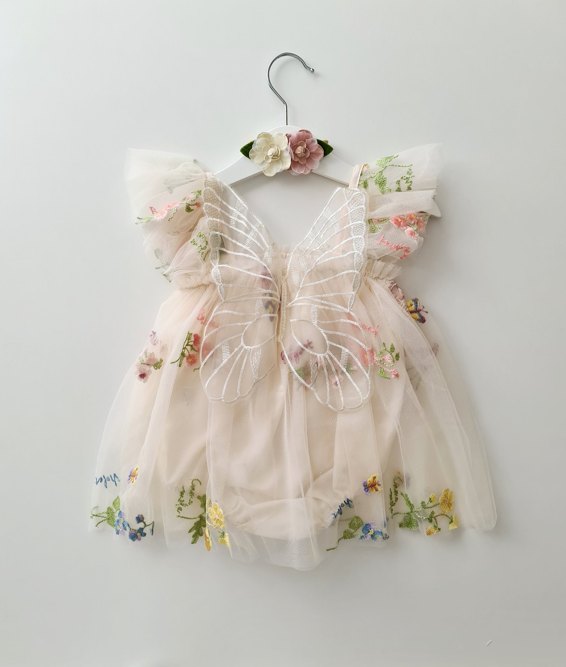 Garden Fairy 1st Birthday Dress & Headband Beige PixiLoves Garden Fairy 1st Birthday Dress & Headband Beige PixiLoves
