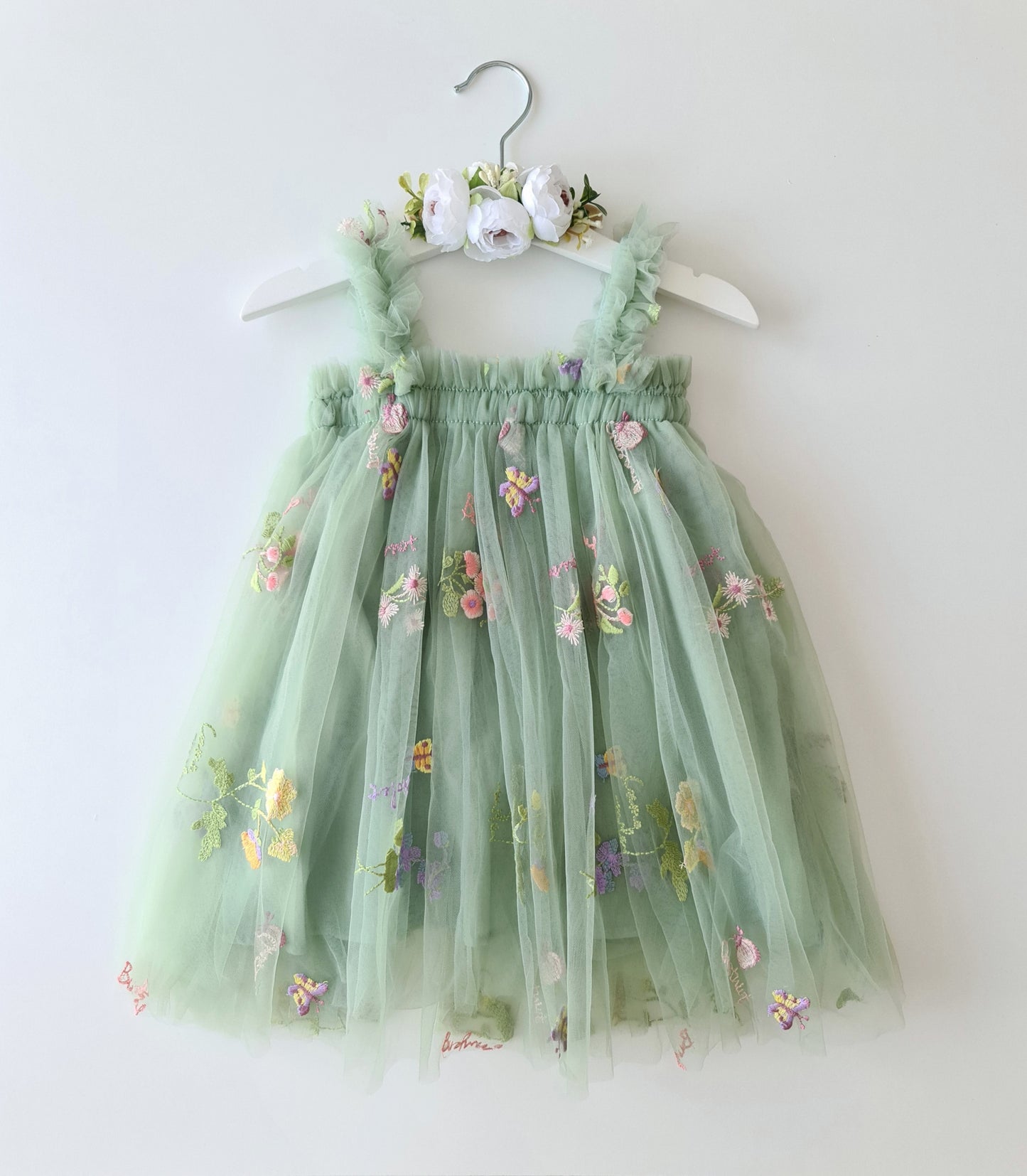 Floral Tulle Dress & Headband Sage