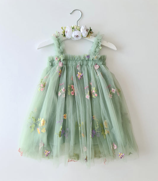 Floral Tulle Dress & Headband Sage