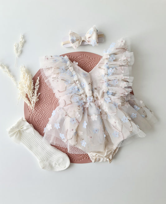 Floral Tulle 1st Birthday Dress Set Cream