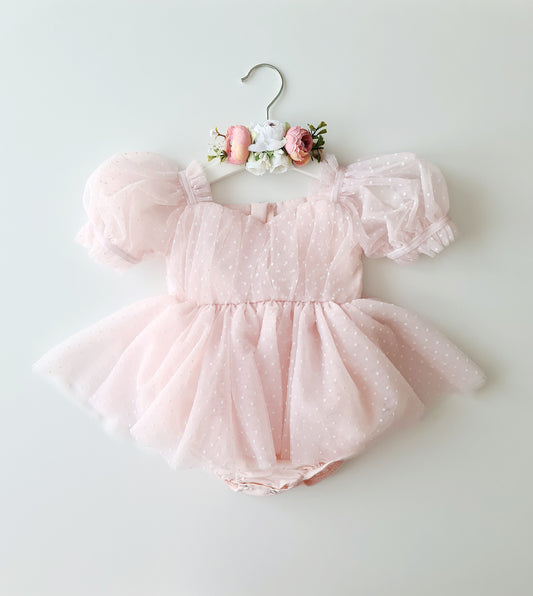 Polka Dot Tulle Dress & Headband Soft Pink