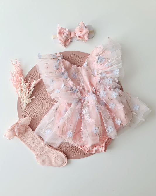 Floral Tulle 1st Birthday Dress Set Pink