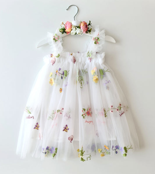 Floral Tulle Dress & Headband White